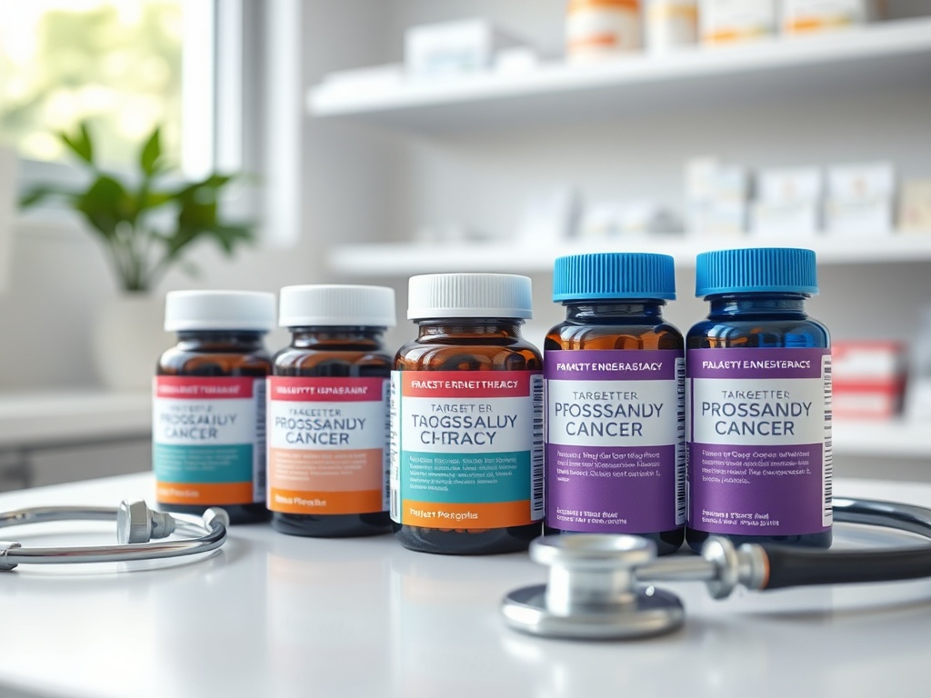 На столе стоят бутылочки с лекарствами против рака и стетоскоп. Яркие этикетки на упаковках.