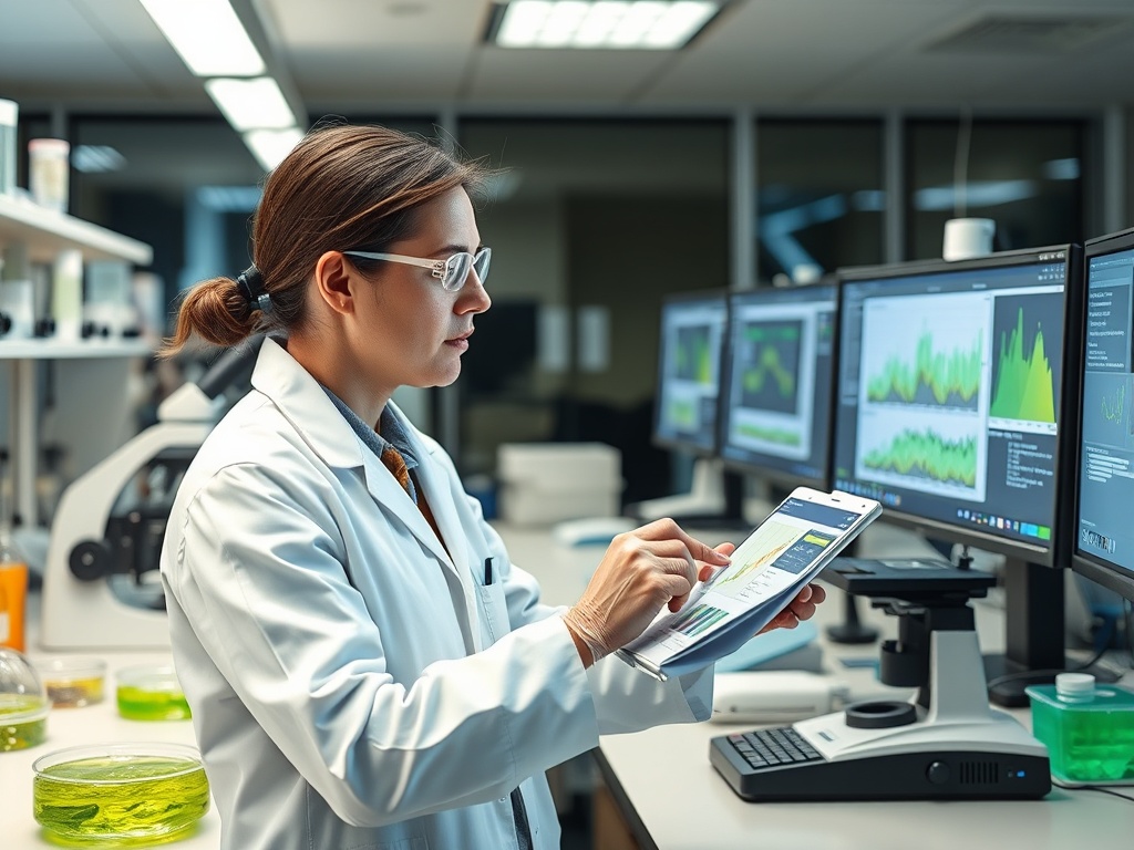 Женщина в лабораторном халате работает с планшетом и анализирует данные на экране компьютера.