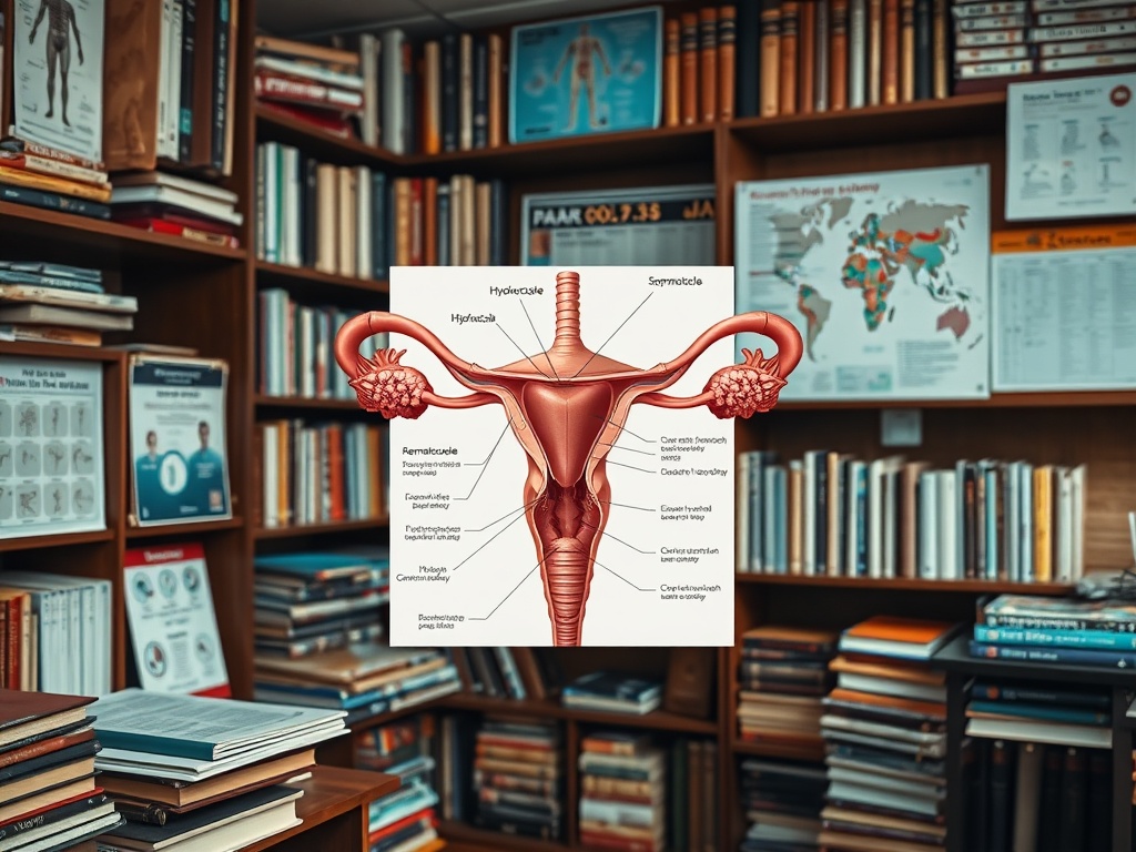 Изображение анатомии женской репродуктивной системы на фоне библиотеки с книгами.