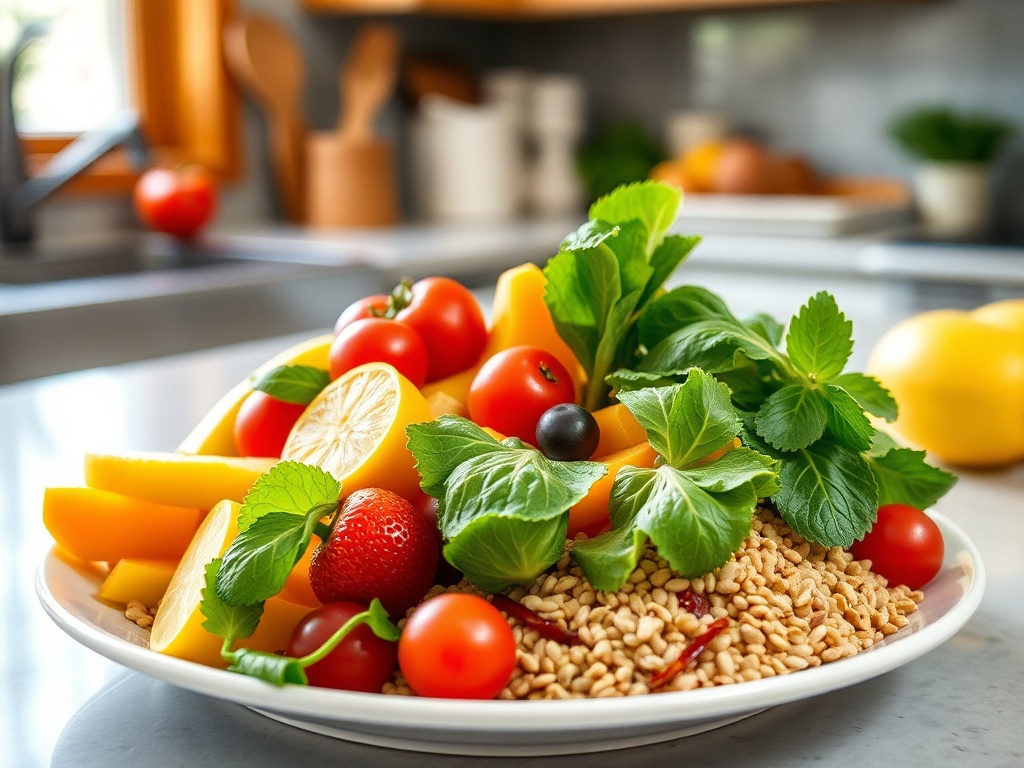 На тарелке свежие овощи и фрукты: помидоры, манго, лимон, клубника и зелень. Здоровый и яркий перекус.