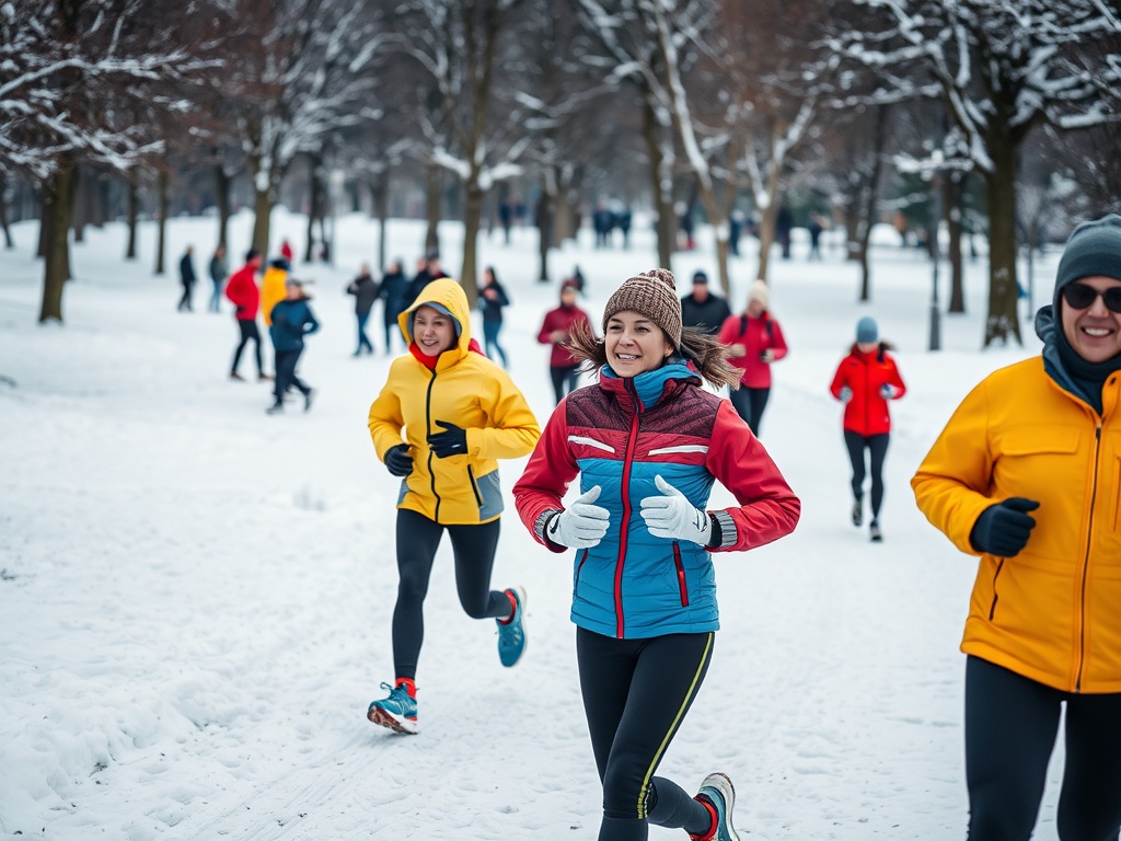 Группа людей бежит по заснеженной дорожке в парке, одетых в яркую зимнюю одежду. Зима и активный образ жизни.