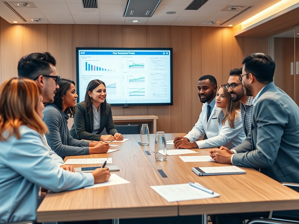 Группа людей в офисе обсуждает проект во время собеседования на фоне презентации.