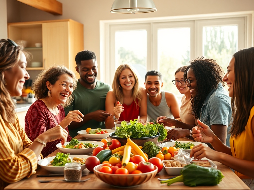 Группа людей радуется совместной трапезе, делясь блюдами и смехом за столом, уставленным овощами и фруктами.