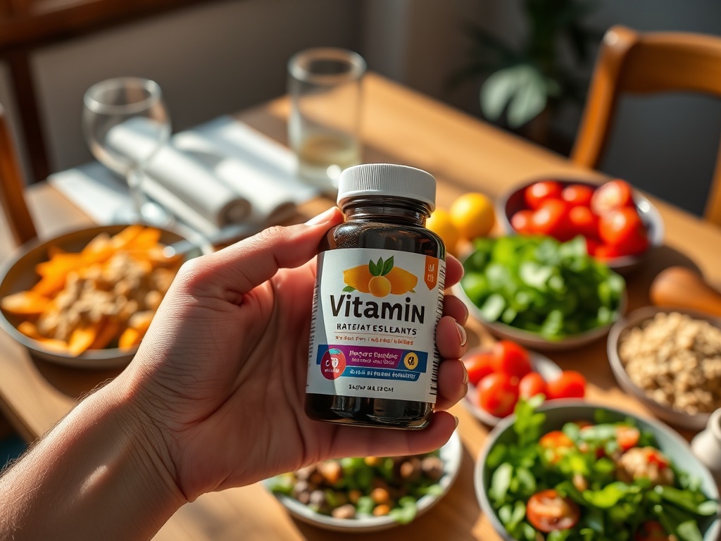 Флакон витаминов в руке на фоне здоровых блюд и свежих ингредиентов на столе.