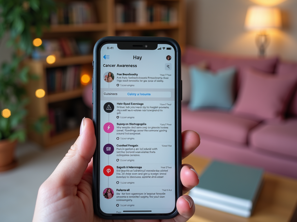 Смартфон в руке на фоне домашнего интерьера, на экране открыто приложение с темой "Осведомленность о раке".