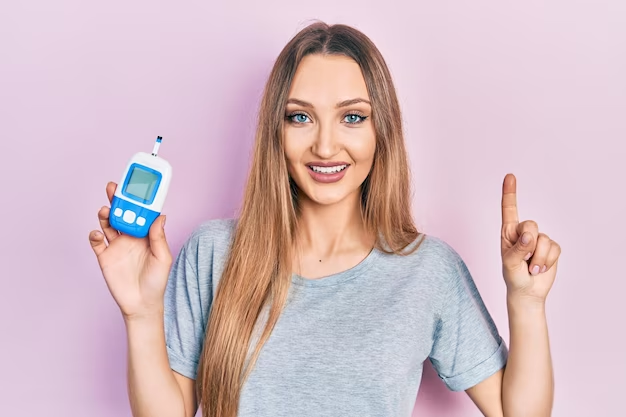 Группа риска по развитию сахарного диабета: женщина с измеренным уровнем глюкозы в крови и медицинской картой в руках