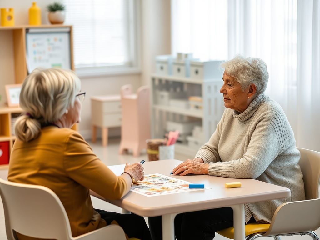 На изображении две женщины разговаривают за столом, окруженные светлым интерьером и предметами для занятий.