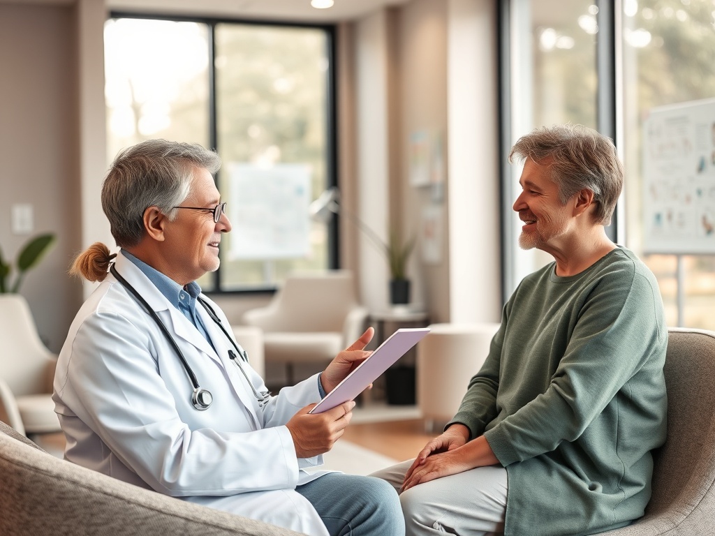Врач беседует с пациентом в уютном офисе, улыбаясь и показывая информацию на планшете.