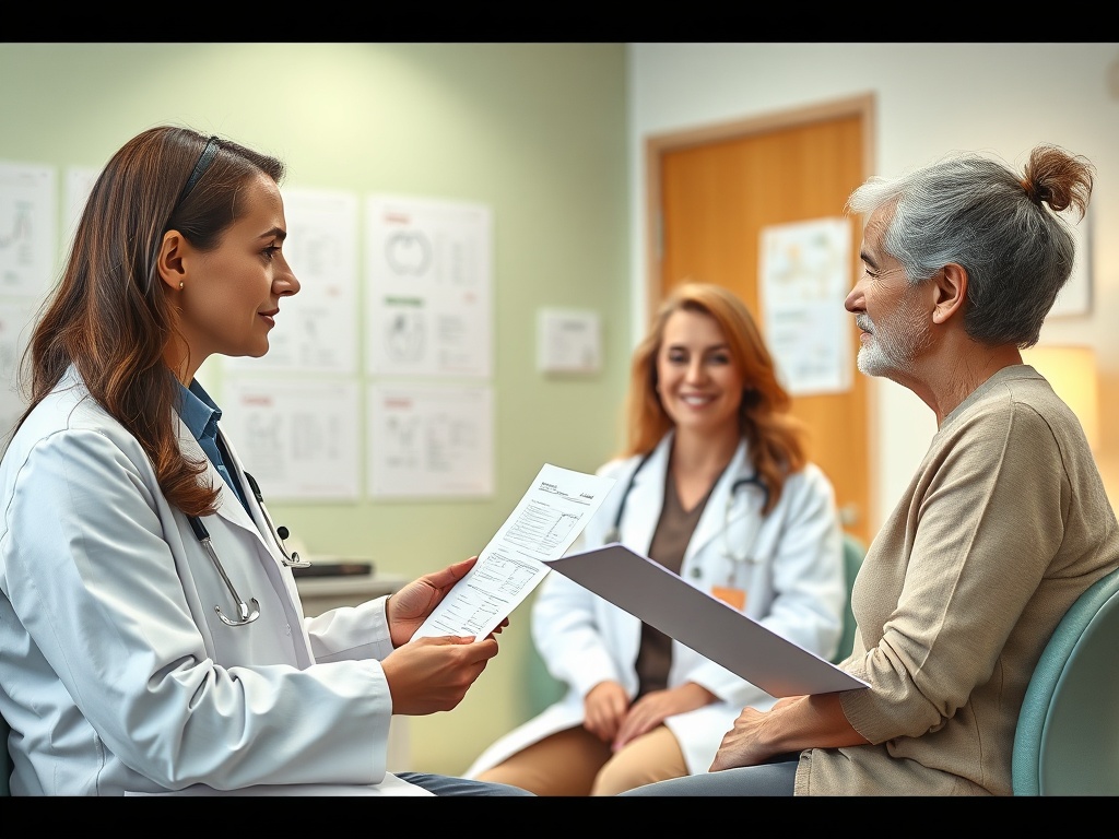 На изображении врач обсуждает документы с пожилой пациенткой в медицинском кабинете. Второй врач улыбается.