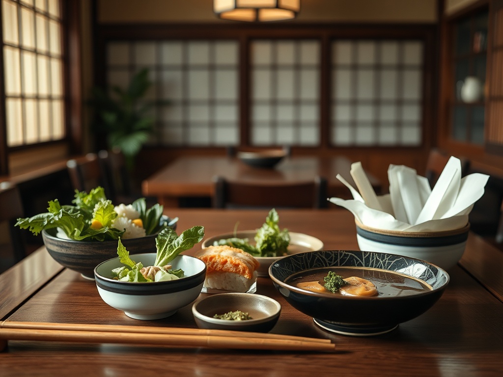 На деревянном столе представлены блюда японской кухни: салаты, суши и суп с лапшой в традиционных тарелках.