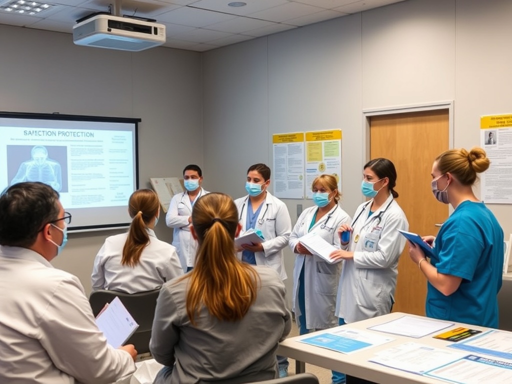 Группа медицинских работников обсуждает защиту на семинаре в аудитории, с проектором на заднем плане.