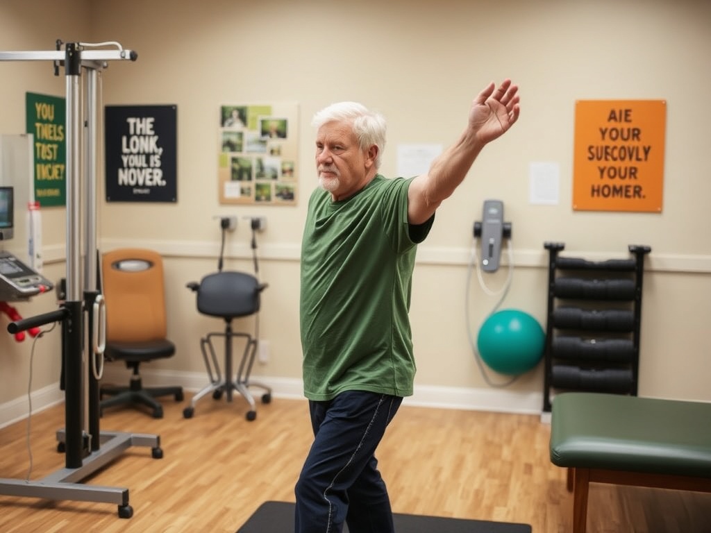 Пожилой мужчина выполняет физические упражнения в лечебном центре на фоне спортивного оборудования.