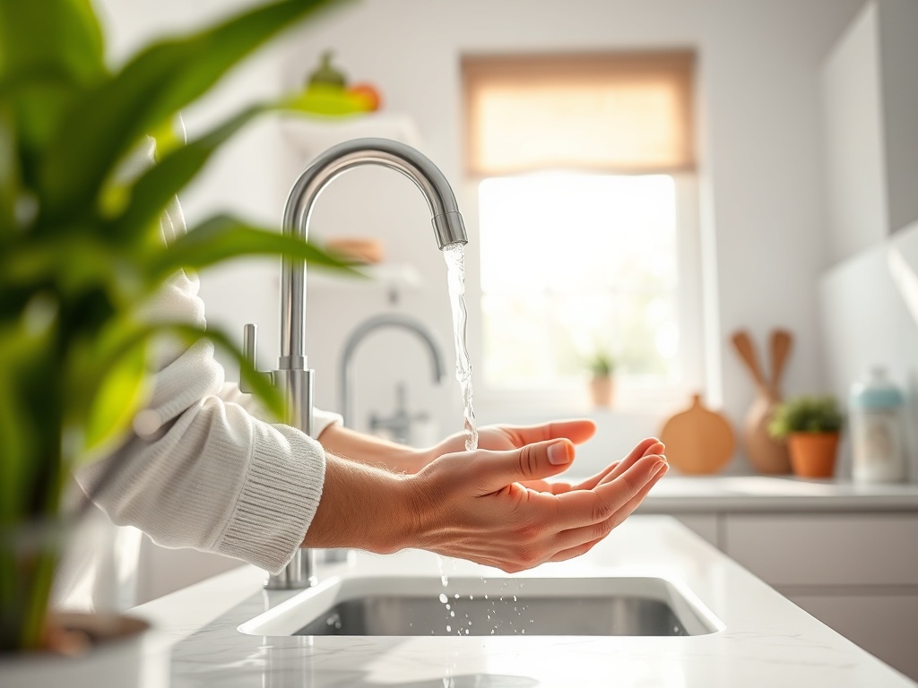 Человек моет руки под струей воды на кухне, рядом с растением и кухонной утварью.