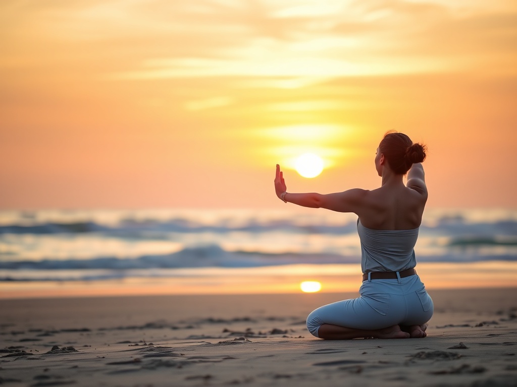 Женщина на пляже выполняет йогу на фоне заката, наслаждаясь спокойствием и природой.