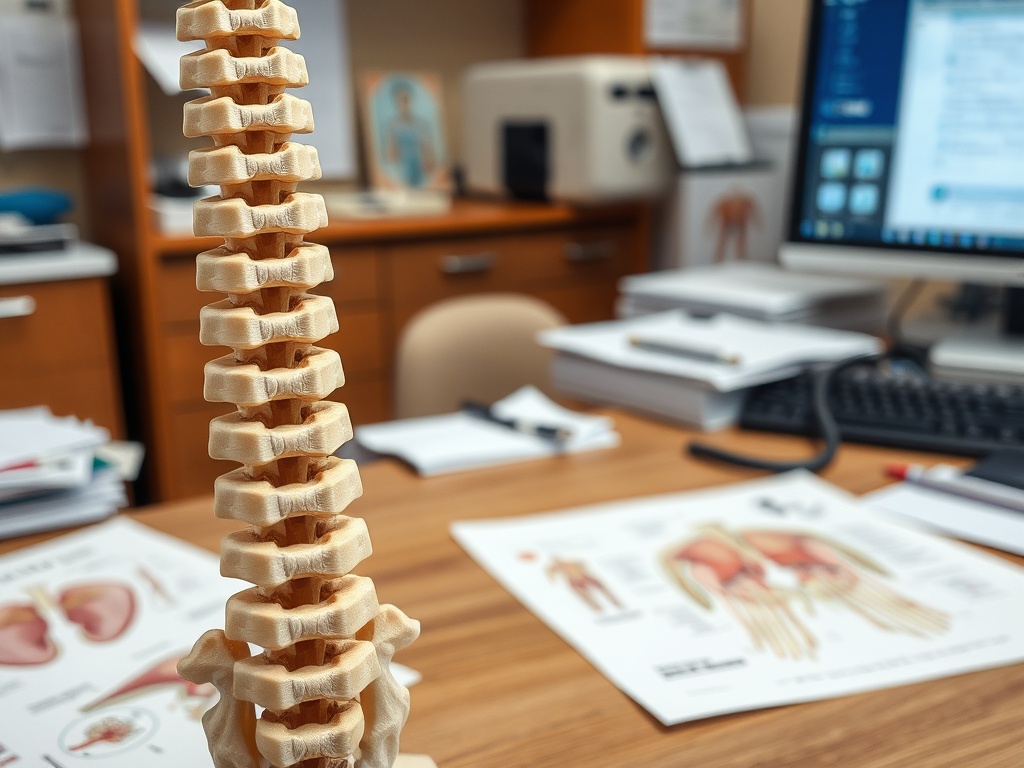 Схематичное изображение позвоночника на столе врача, вокруг располагаются медицинские материалы и компьютер.