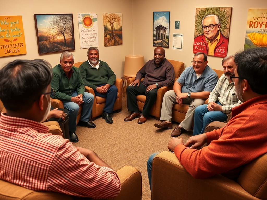 Группа мужчин сидит в кругу, обсуждая важные темы в уютной комнате с картинами на стенах.