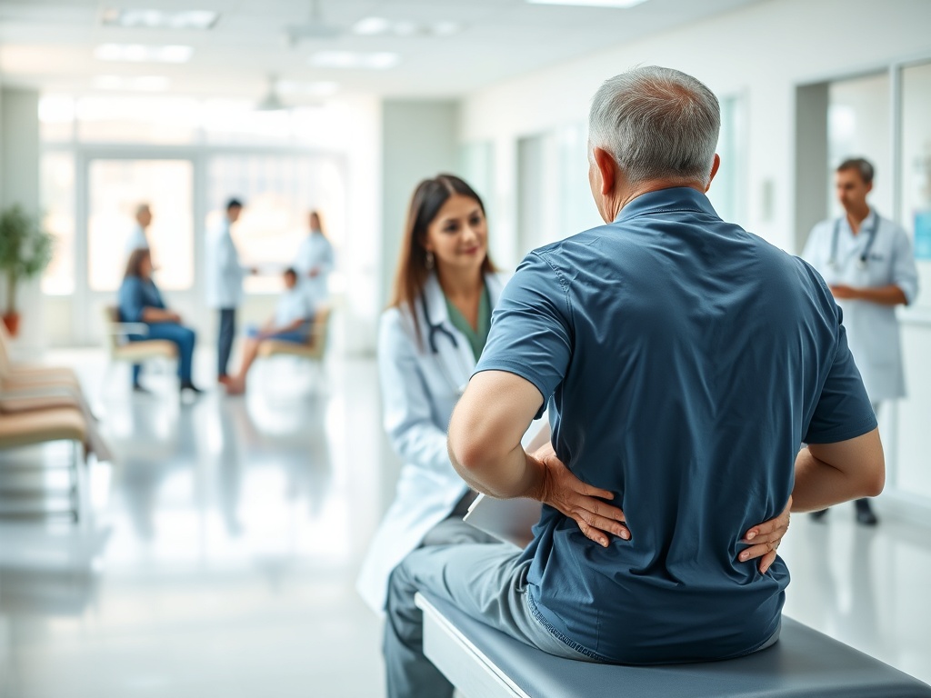 Пациент разговаривает с врачом о боли в спине в светлой больничной комнате. Другие пациенты ждут.
