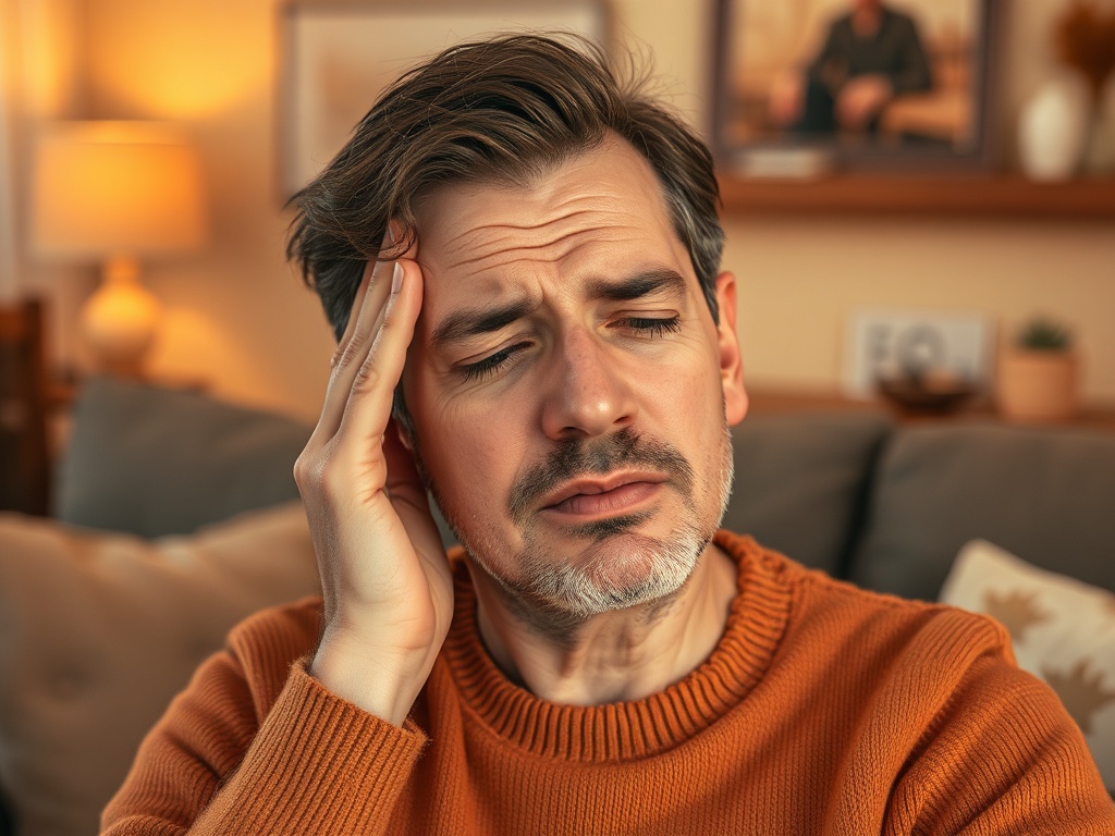 Мужчина в оранжевом свитере, держится за голову, выражая беспокойство или дискомфорт. Фон домашний.