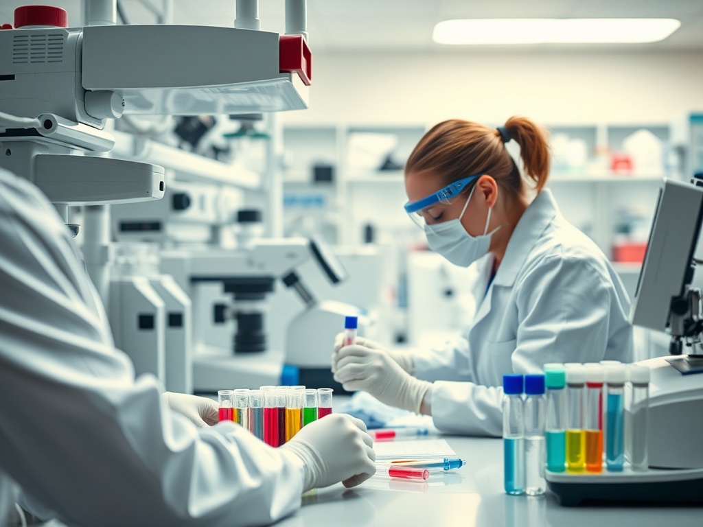 В лаборатории два специалиста работают с пробирками и анализами, окруженные научным оборудованием.