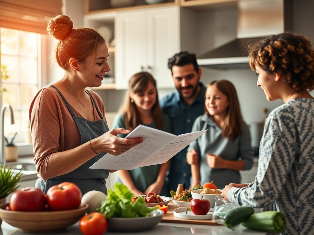 На изображении группа людей, готовящих еду вместе на кухне, с рецептами и свежими ингредиентами.