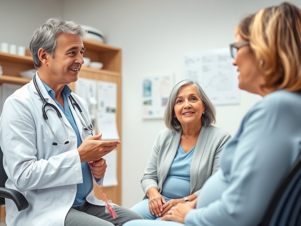 Врач беседует с двумя пациентками в медицинском кабинете, обсуждая их здоровье и уход.