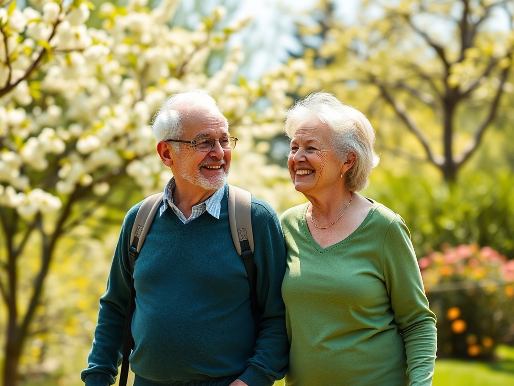 Пара пожилых людей гуляет в саду с цветущими деревьями, улыбаются друг другу и наслаждаются временем вместе.