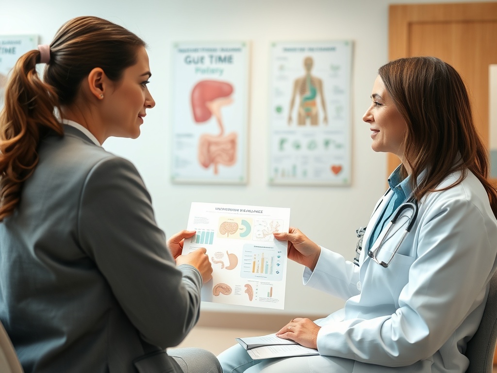 Две женщины на консультации: врач объясняет информацию на графиках о здоровье и пищеварении.