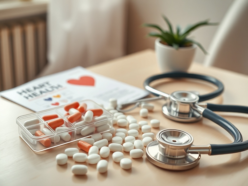На столе лежат таблетки, стетоскоп и буклет о здоровье сердца.