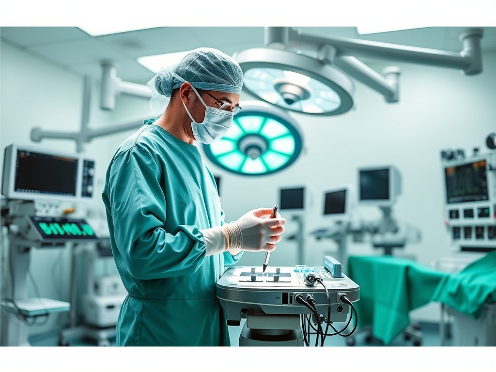 Хирург в зеленом халате готовит инструменты в операционной под ярким светом.