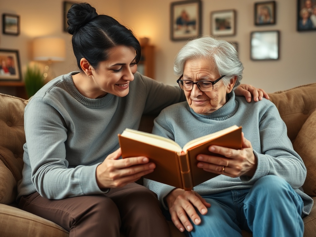 Молодая женщина и пожилая женщина читают книгу вместе, смеясь и наслаждаясь временем, проведённым вдвоём.