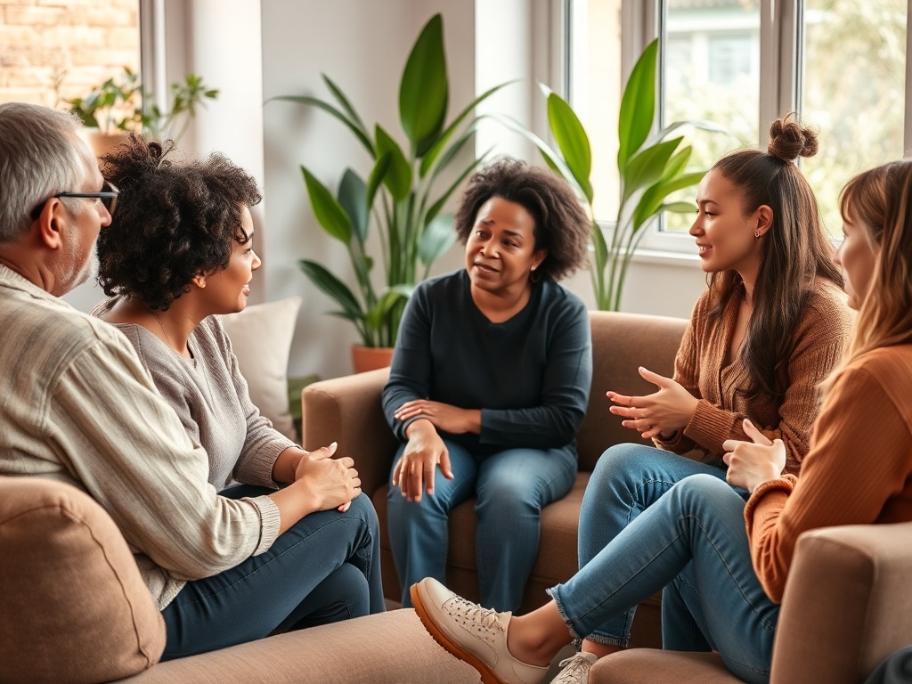 Группа людей в уютной комнате обсуждает что-то важное на мягком диване, окруженная зелеными растениями.