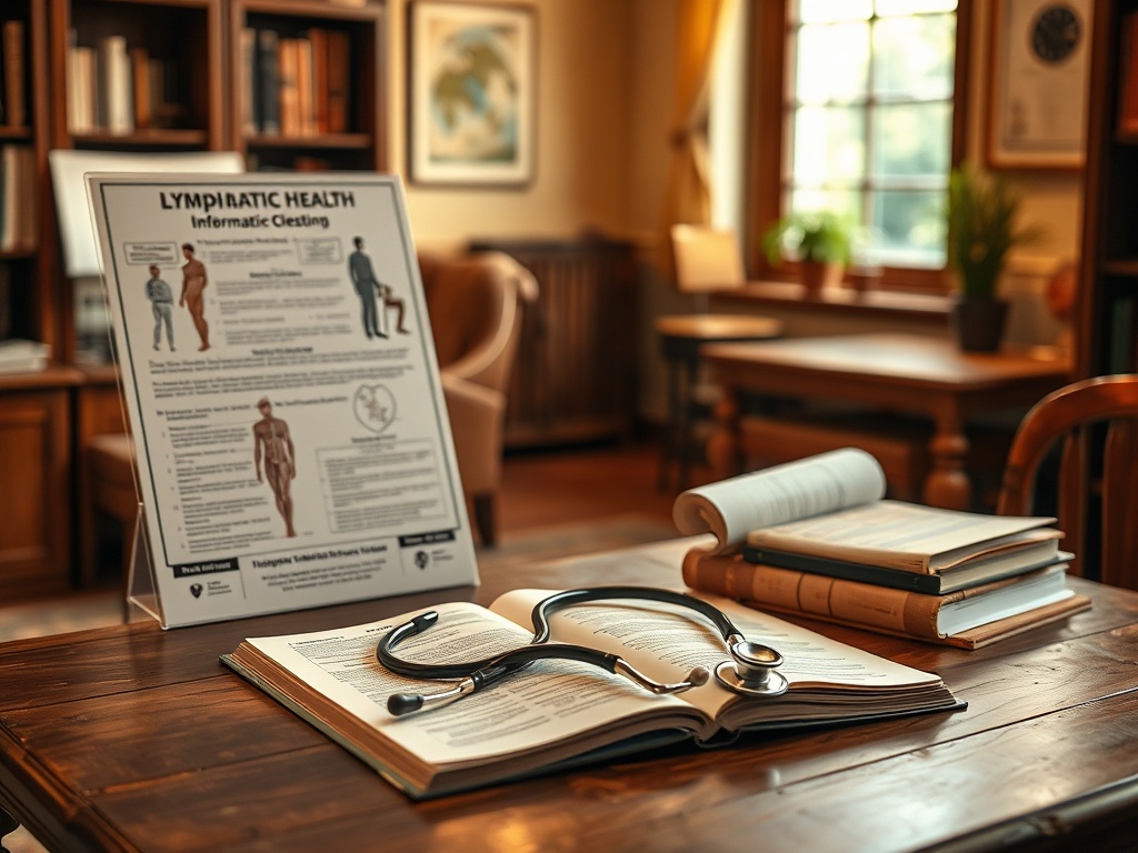 На столе лежат книги и стетоскоп, рядом плакат о лимфатическом здоровье в уютной обстановке.