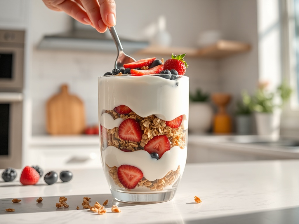 Стакан с йогуртом, гранолой и свежими ягодами на кухонном столе. Рядом ложка. Солнечный свет через окно.