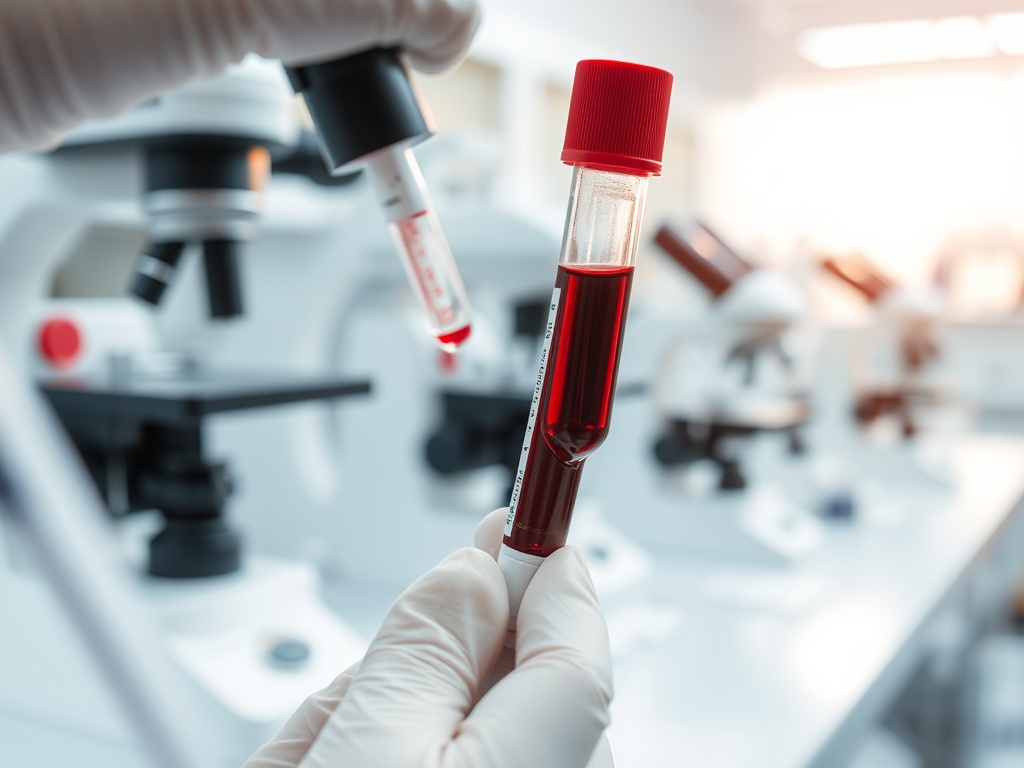 В лаборатории: медицинская пробирка с кровью и медицинская пипетка на фоне микроскопов.