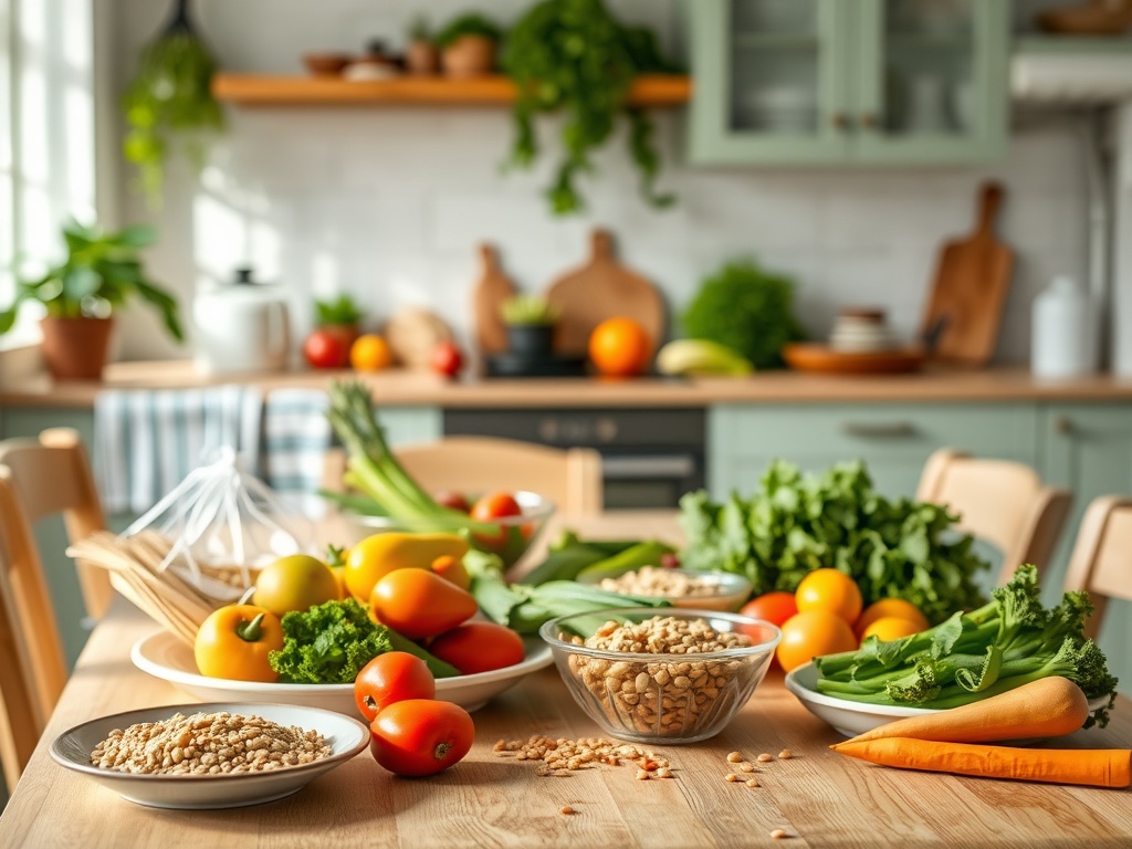 Свежие овощи и крупы на столе в светлой кухне с зелеными шкафчиками и растениями на полках.