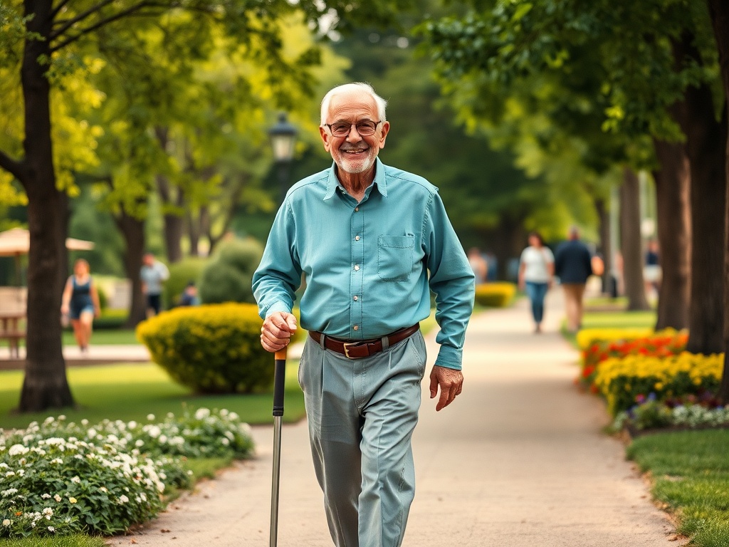 Пожилой мужчина с посохом улыбается и гуляет по парку с зелеными деревьями и цветами.