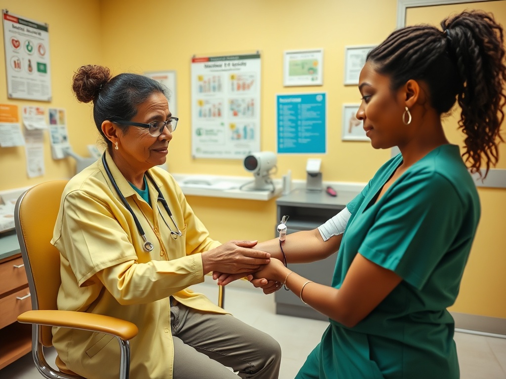 Медсестра и пациентка общаются в больничном кабинете, готовясь к медицинской процедуре.