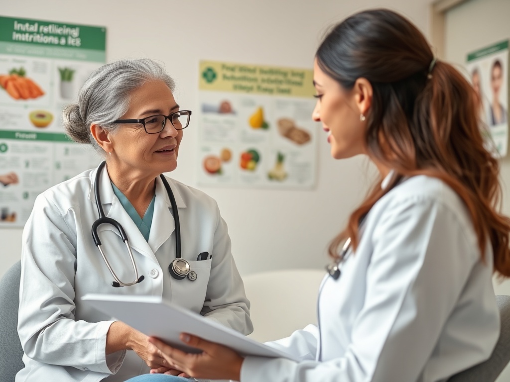 Два врача обсуждают лечение в кабинете, окруженные медицинскими постерами и заметками.