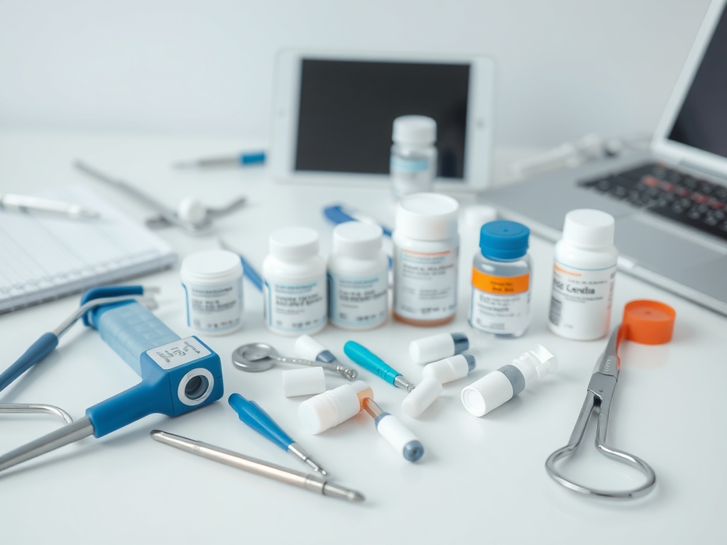 На столе расположены медикаменты и медицинские инструменты, а также электронные устройства и блокнот.