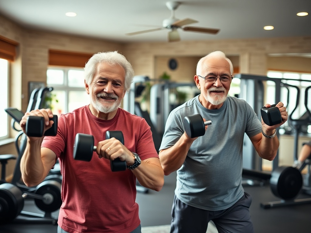 Два пожилых человека занимаются спортом в тренажёрном зале, держа гантели и улыбаясь.