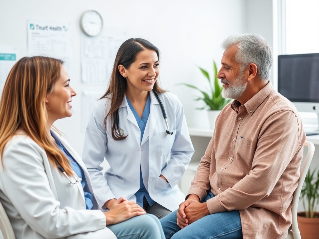 Врач беседует с пожилым мужчиной и женщиной в медицинском кабинете, создавая дружелюбную атмосферу.