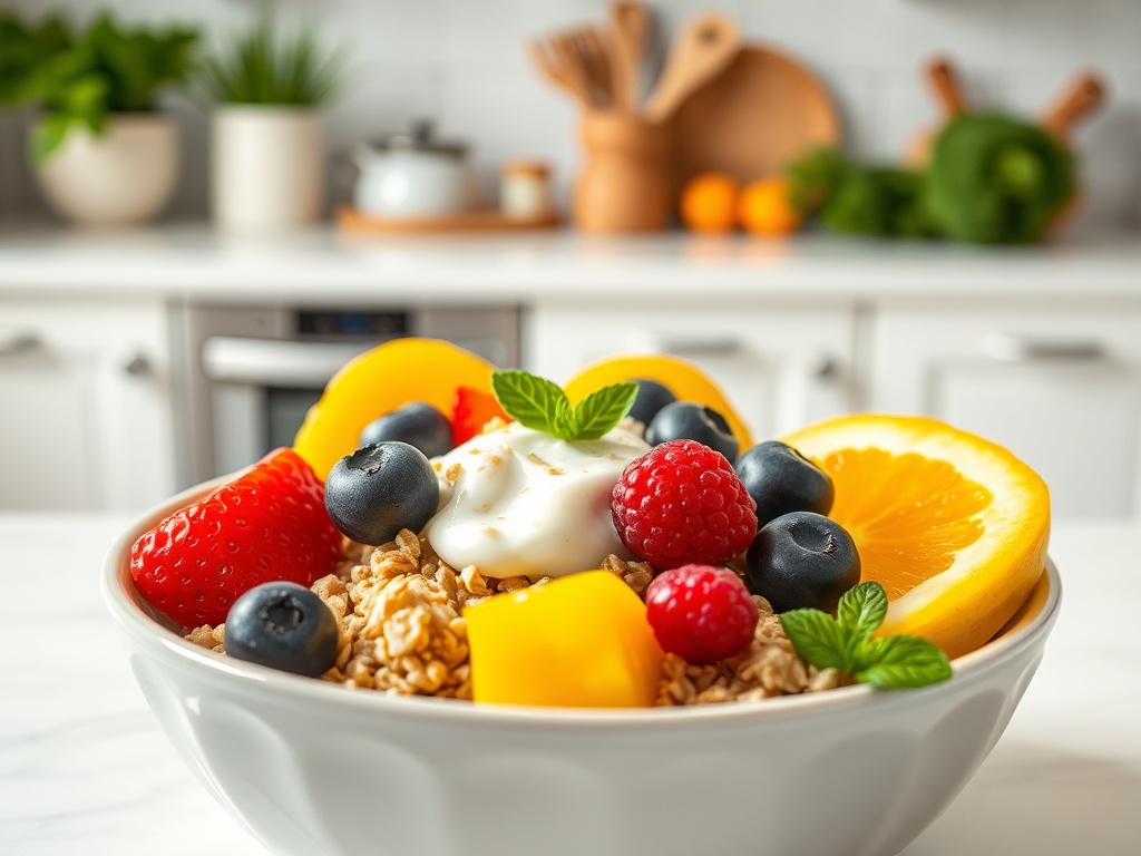 Чаша с гранолой, ягодами, кусочками манго и орехами, украшенная йогуртом и мятой на белом фоне.