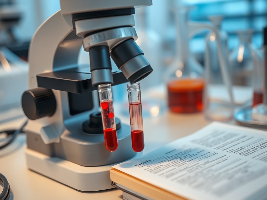 Микроскоп с пробирками с красной жидкостью на фоне научной литературы в исследовательской лаборатории.