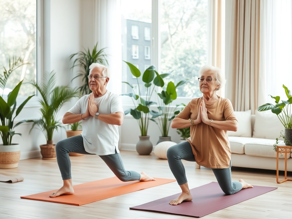 Пара пожилых людей занимается йогой в светлом помещении, окруженном зелеными растениями.