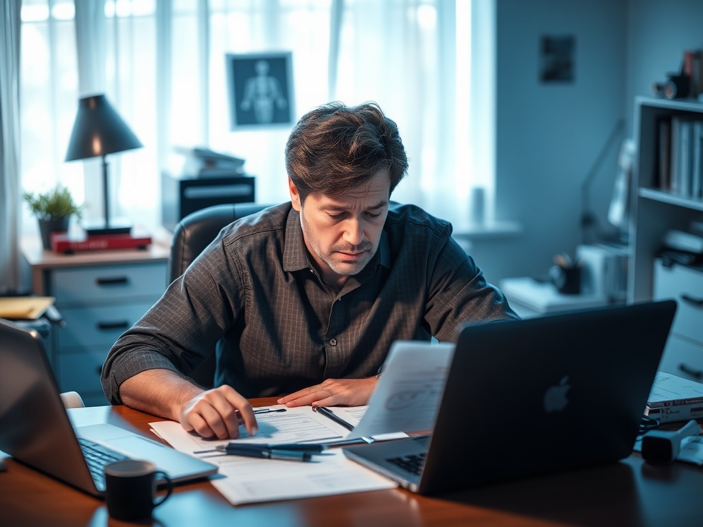 Человек за столом внимательно изучает документы и работает на компьютере в домашнем офисе.