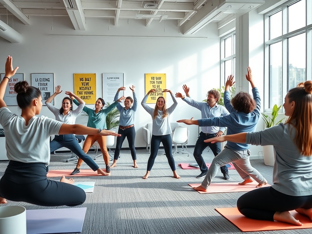 Группа людей на йога-занятии в ярком помещении с растениями и плакатами на стенах.